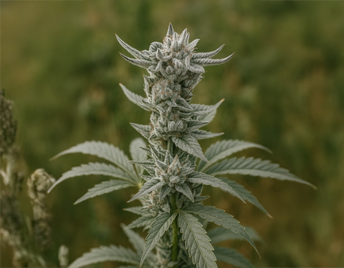 Outdoor-grown Gorilla Glue Faster plant in flowering stage